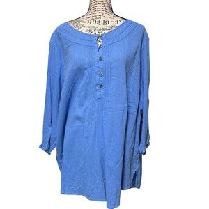 J Jill blue cotton blend tunic blouse plus 3x embroidery sleeves causal office